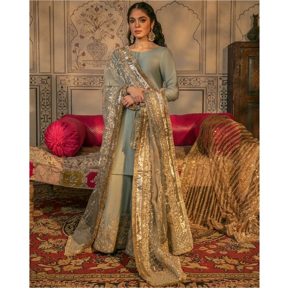Ice Blue & Gold Embroidered Sharara - Picture 1 of 2